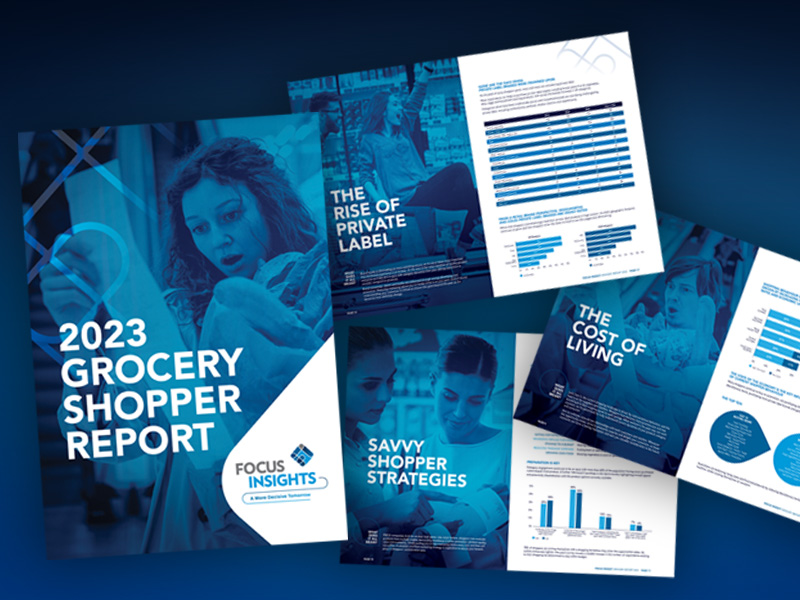 2023 Grocery Report front page and three spreads from the report showing a variety of images and graphs on a blue background.