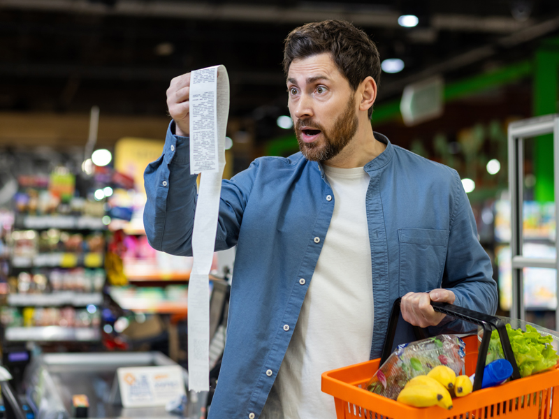 Man looking at supermarket receipt with a shocked look on his face