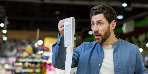 Man looking at supermarket receipt with a shocked look on his face